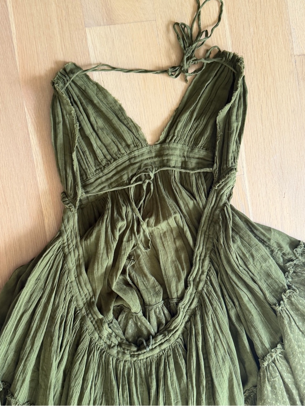 Free People Size Large Olive Green Halter Mini Dress Boho Hippie Cotton V Neck - Picture 11 of 16
